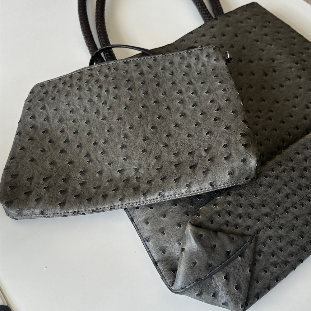 EUC Faux Gray Ostrich Women's Bag with Brown/Black Handles